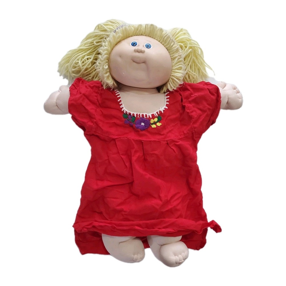 Cabbage Patch Kids Girl Doll Vintage Blonde Yarn Hair Blue Eyes Coleco Red Dress